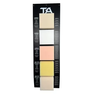 Pente de mousse avec échantillons de mousse HR 25, HR 35, HR 40, mousse cellule ouverte ferme et mousse cellule ouverte xf